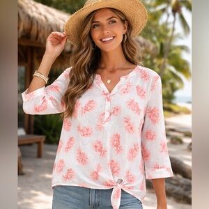 Emily Daniels Pineapple Tropical Print Linen Blend Tie-Hem Top – Petite Medium